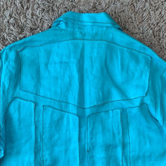 SAMUEL DONG 100% Linen Button Down Teal Top - Picture 7 of 16